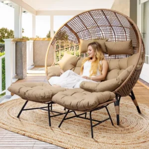 2 Person Egg Chair Indoor Outdoor Stationary Wicker Large Egg Seating 680lbs Egg Basket Lounge Chair with Ottoman Footrest