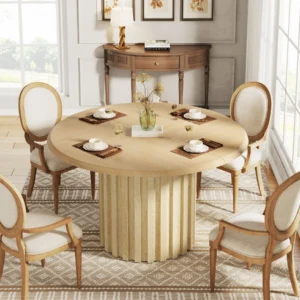 Tribesigns Round Dining Table for 4, Farmhouse Kitchen Table with Metal Base, Modern Small Dinner Table Solid Wood