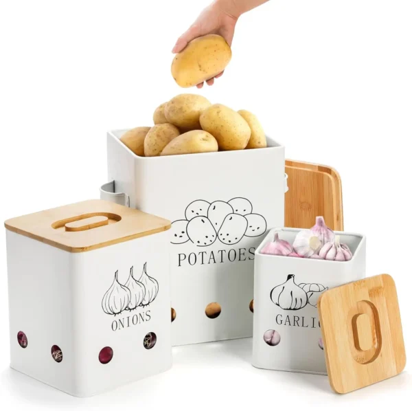 Metal Onion Garlic Potato Jars Set, Kitchen Canisters Vegetable Keeper Containers with Aerating Holes and Wooden Lid - Image 5