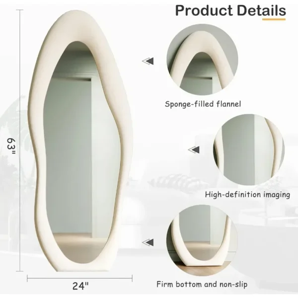 Full Length Mirror, 63" x 24" Wall Mirror, Flannel Wrapped Wooden Frame ,Leaning Against Wall for Living Room, White - Image 5