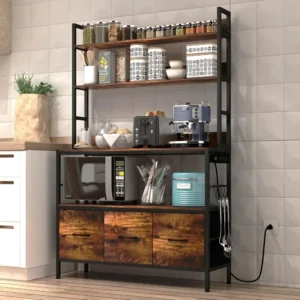5-Tier Free Standing Bakers Rack with Power Outlet, Metal Kitchen Storage Shelf Organizer with Hooks and Baskets,