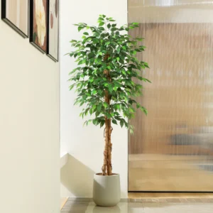 Artificial Ficus Trees with Natural Curved Trunks, Silk Fake Ficus Tree in Plastic Nursery Pot for Office Home Decor