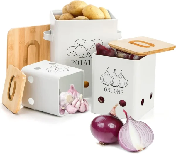 Metal Onion Garlic Potato Jars Set, Kitchen Canisters Vegetable Keeper Containers with Aerating Holes and Wooden Lid - Image 6