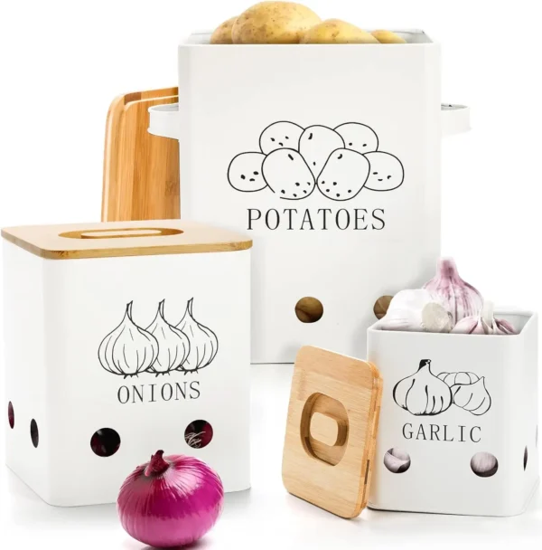 Metal Onion Garlic Potato Jars Set, Kitchen Canisters Vegetable Keeper Containers with Aerating Holes and Wooden Lid