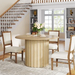 Tribesigns Round Dining Table for 4, Farmhouse Kitchen Table with Metal Base, Modern Small Dinner Table Solid Wood