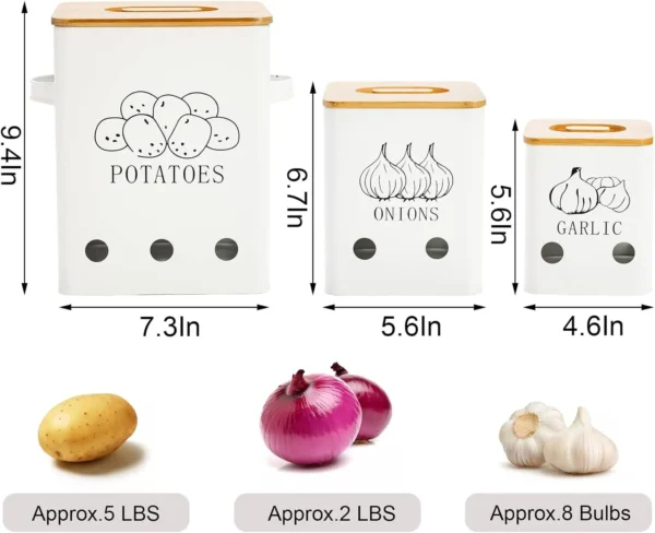 Metal Onion Garlic Potato Jars Set, Kitchen Canisters Vegetable Keeper Containers with Aerating Holes and Wooden Lid - Image 3