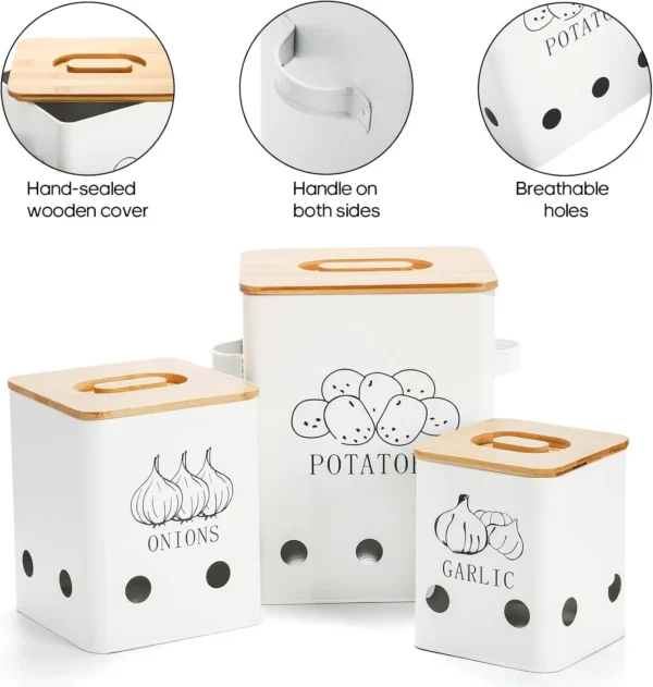 Metal Onion Garlic Potato Jars Set, Kitchen Canisters Vegetable Keeper Containers with Aerating Holes and Wooden Lid - Image 4