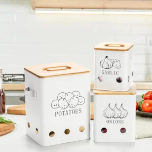 Metal Onion Garlic Potato Jars Set, Kitchen Canisters Vegetable Keeper Containers with Aerating Holes and Wooden Lid