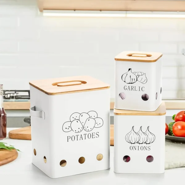 Metal Onion Garlic Potato Jars Set, Kitchen Canisters Vegetable Keeper Containers with Aerating Holes and Wooden Lid - Image 2