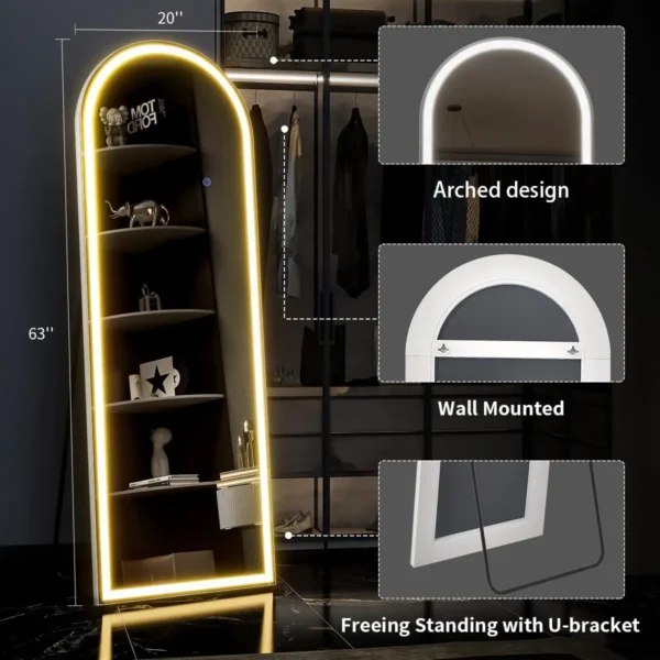 63"x20" Arched Full Length Mirror with Lights,LED Mirror Full Length,Lighted Floor Mirror with Stand,Full Body Mirror - Image 6